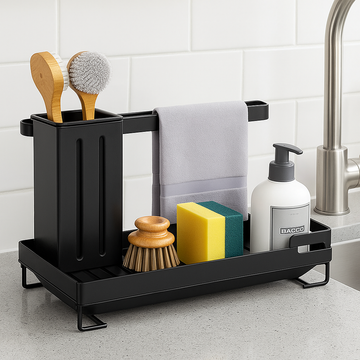 Multifunktionaler Spülbecken Organizer mit Abtropfschale – Küchen- & Badregal aus Metall, Schwarz, 25×15×16,5 cm