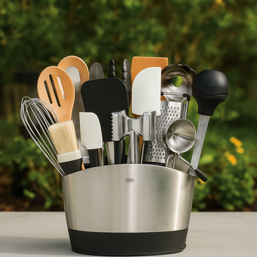 Edelstahl Küchenhelfer-Set mit Halter – 15-teilig – inkl. Schneebesen, Reibe, Zange, Schöpflöffel & mehr