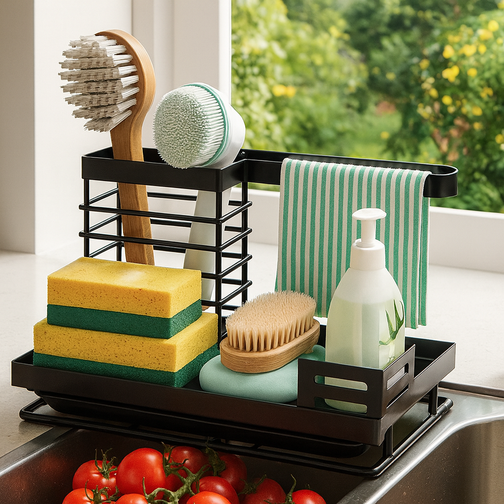 Spülbecken Organizer aus Edelstahl – Küchen Caddy mit Bürstenhalter, Abtropfschale & Tuchstange – Schwarz