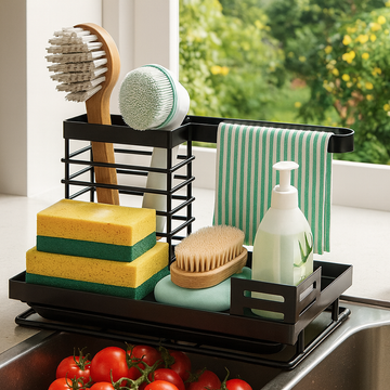 Spülbecken Organizer aus Edelstahl – Küchen Caddy mit Bürstenhalter, Abtropfschale & Tuchstange – Schwarz